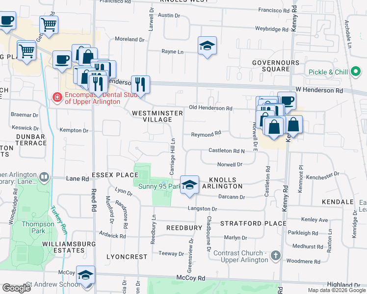 map of restaurants, bars, coffee shops, grocery stores, and more near 4440 Carriage Hill Lane in Columbus