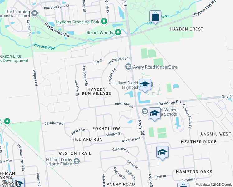 map of restaurants, bars, coffee shops, grocery stores, and more near 4745 Drayton Road in Hilliard