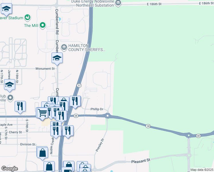 map of restaurants, bars, coffee shops, grocery stores, and more near 17939 Phillip Drive in Noblesville