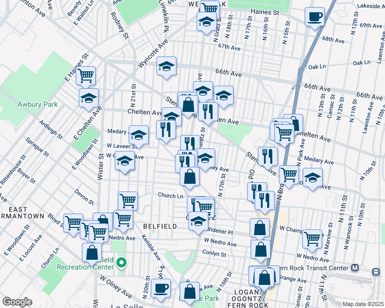 map of restaurants, bars, coffee shops, grocery stores, and more near 6217 Ogontz Avenue in Philadelphia
