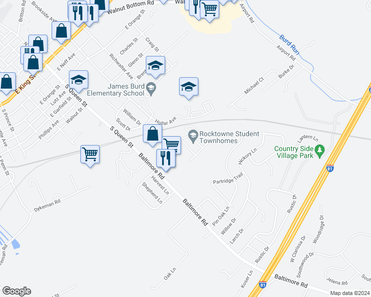 map of restaurants, bars, coffee shops, grocery stores, and more near 128 Campus Drive in Shippensburg