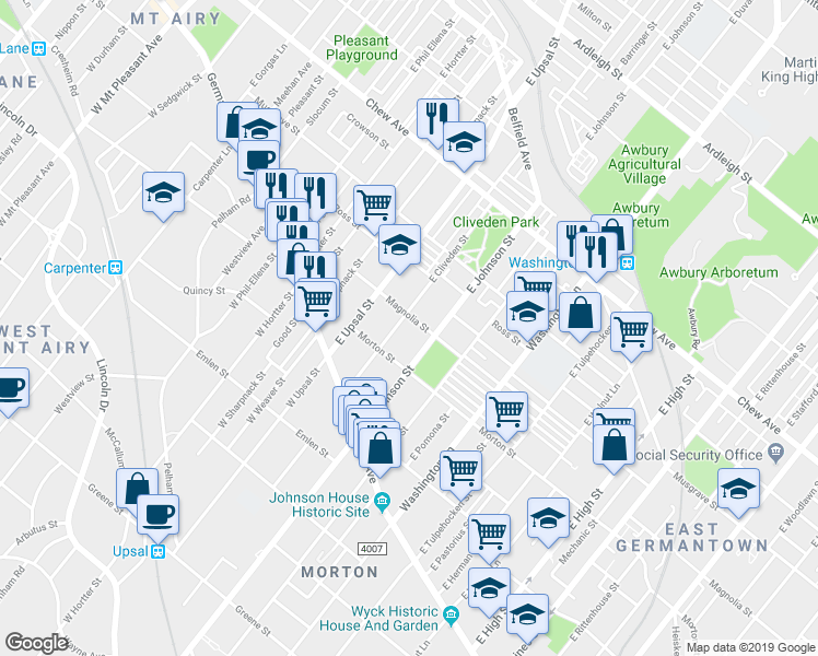 map of restaurants, bars, coffee shops, grocery stores, and more near 126 East Cliveden Street in Philadelphia