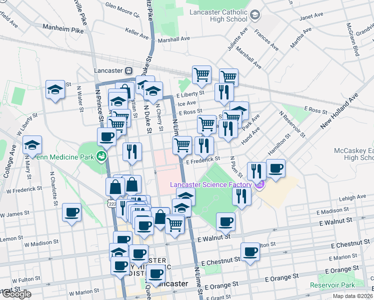 map of restaurants, bars, coffee shops, grocery stores, and more near 610 North Lime Street in Lancaster