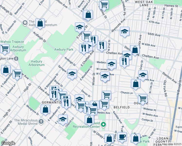 map of restaurants, bars, coffee shops, grocery stores, and more near 5521 Jane Street in Philadelphia