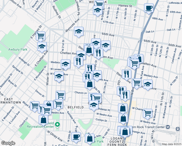 map of restaurants, bars, coffee shops, grocery stores, and more near 6217 Ogontz Avenue in Philadelphia