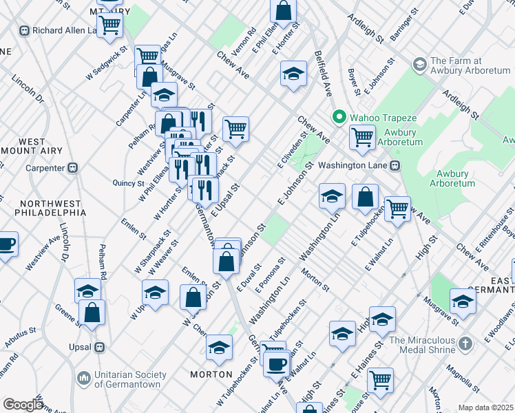 map of restaurants, bars, coffee shops, grocery stores, and more near 126 East Cliveden Street in Philadelphia