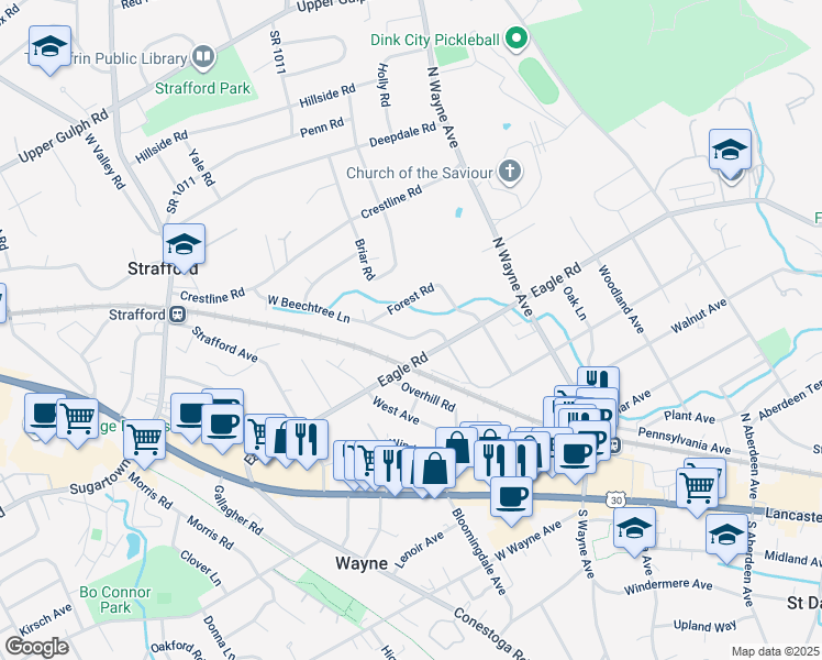 map of restaurants, bars, coffee shops, grocery stores, and more near 511 West Beechtree Lane in Wayne