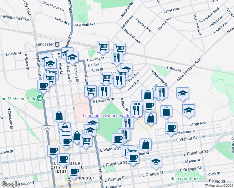 map of restaurants, bars, coffee shops, grocery stores, and more near 348 Hand Avenue in Lancaster