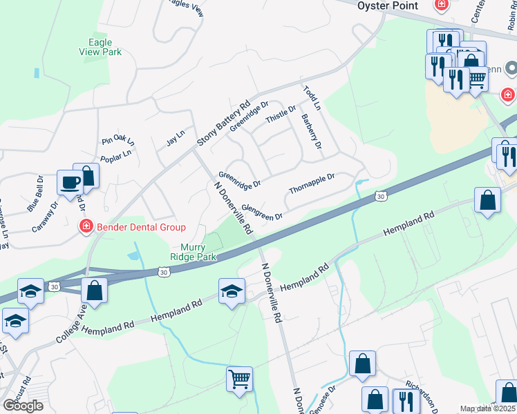 map of restaurants, bars, coffee shops, grocery stores, and more near 3235 Glengreen Drive in Lancaster