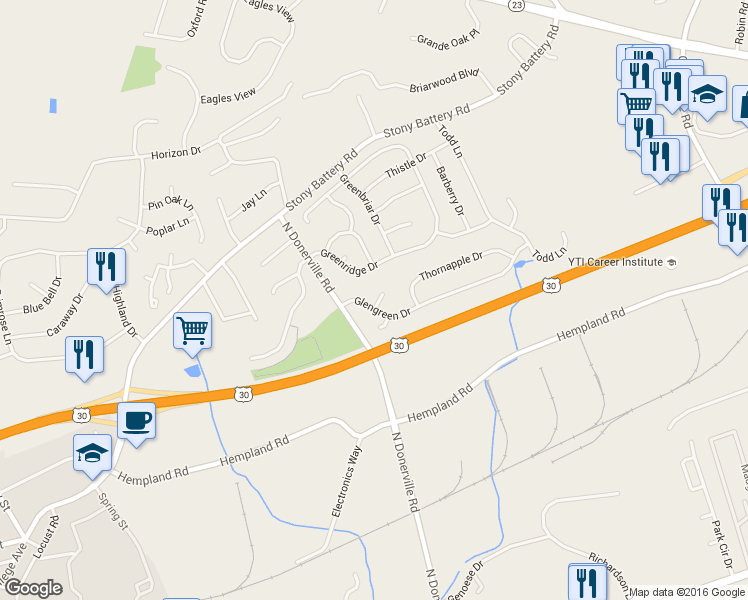 map of restaurants, bars, coffee shops, grocery stores, and more near 3235 Glengreen Drive in Lancaster