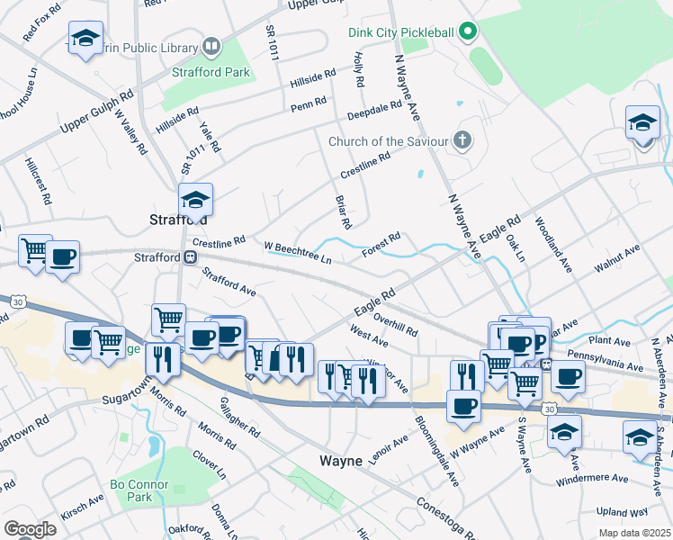 map of restaurants, bars, coffee shops, grocery stores, and more near 524 West Beechtree Lane in Wayne