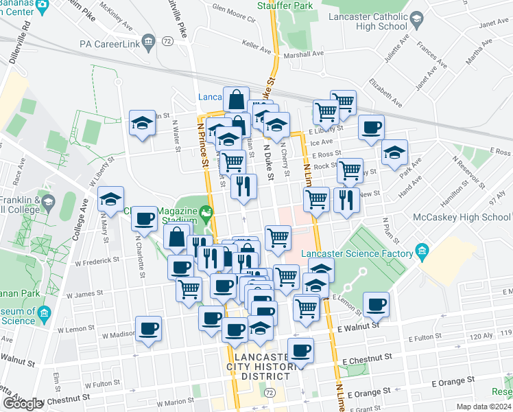map of restaurants, bars, coffee shops, grocery stores, and more near 25 East New Street in Lancaster