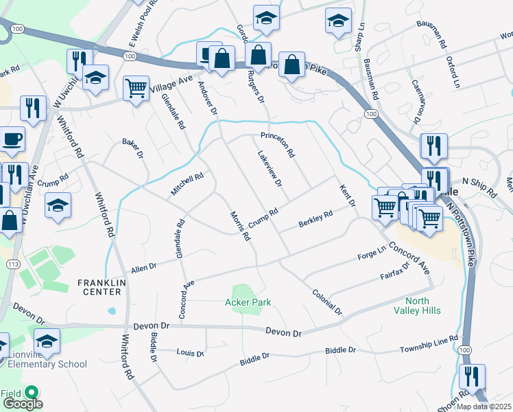 map of restaurants, bars, coffee shops, grocery stores, and more near 133 Andover Drive in Exton