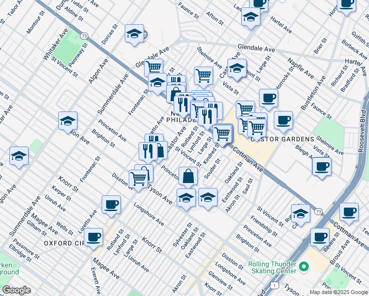 map of restaurants, bars, coffee shops, grocery stores, and more near 7211 Rutland Street in Philadelphia