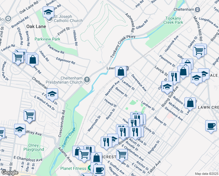 map of restaurants, bars, coffee shops, grocery stores, and more near 6026 Newtown Avenue in Philadelphia