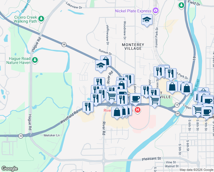 map of restaurants, bars, coffee shops, grocery stores, and more near 195 Carey Drive in Noblesville
