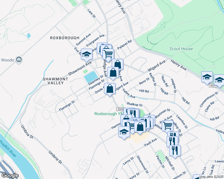 map of restaurants, bars, coffee shops, grocery stores, and more near 7509 Ridge Avenue in Philadelphia