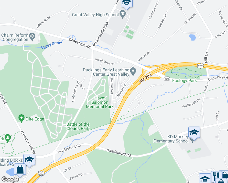 map of restaurants, bars, coffee shops, grocery stores, and more near 73 Kelmar Avenue in Malvern