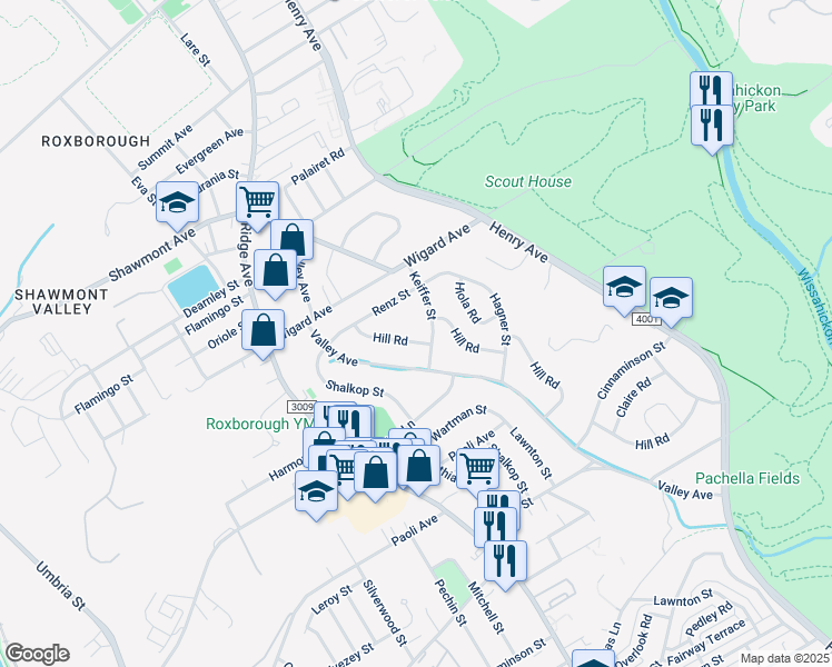 map of restaurants, bars, coffee shops, grocery stores, and more near 7411 Hill Road in Philadelphia