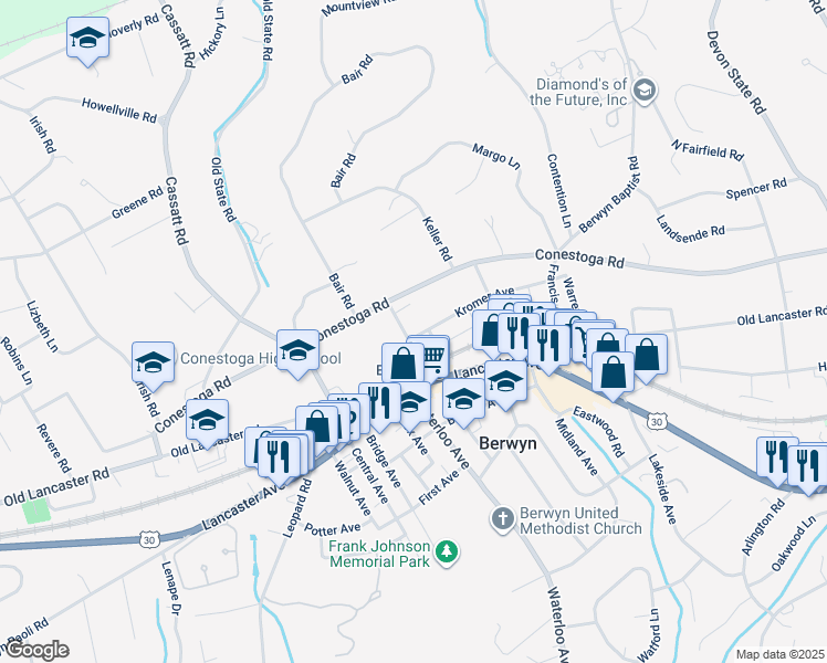 map of restaurants, bars, coffee shops, grocery stores, and more near 60 Cassatt Avenue in Berwyn