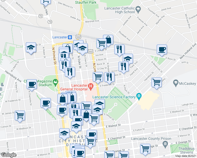 map of restaurants, bars, coffee shops, grocery stores, and more near 206 East New Street in Lancaster