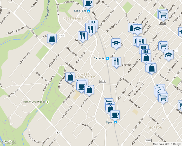 map of restaurants, bars, coffee shops, grocery stores, and more near 6911 Cherokee Street in Philadelphia