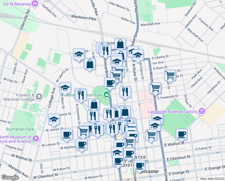 map of restaurants, bars, coffee shops, grocery stores, and more near 54 West New Street in Lancaster
