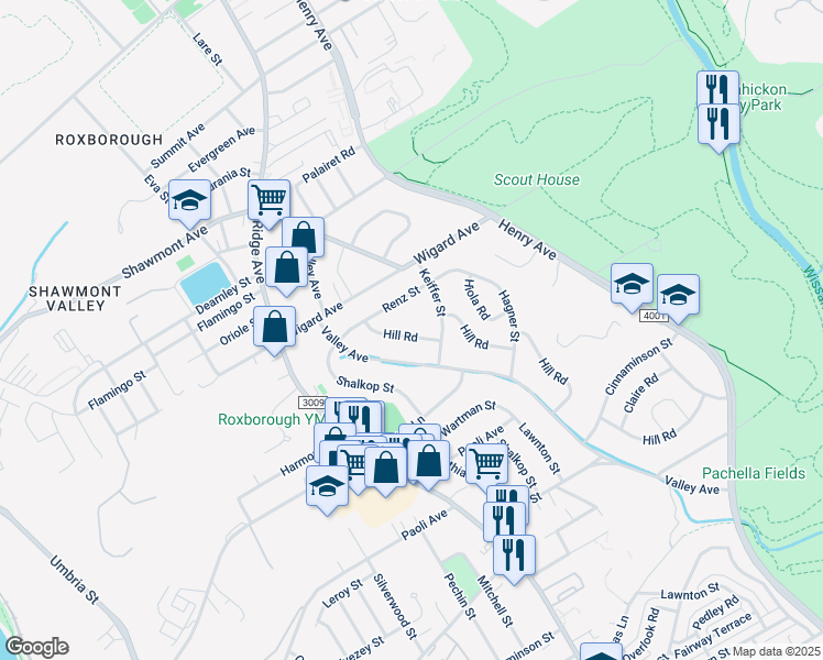 map of restaurants, bars, coffee shops, grocery stores, and more near 7423 Hill Road in Philadelphia
