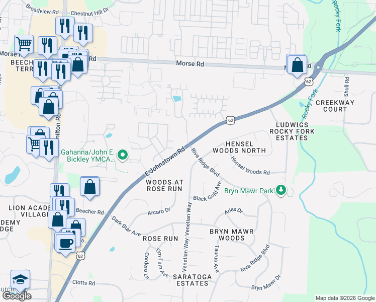 map of restaurants, bars, coffee shops, grocery stores, and more near 1175 Riva Ridge Boulevard in Columbus