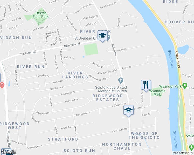 map of restaurants, bars, coffee shops, grocery stores, and more near 3404 River Narrows Road in Hilliard