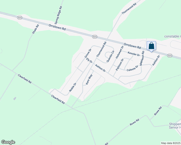 map of restaurants, bars, coffee shops, grocery stores, and more near 404 Kara Way in Shippensburg