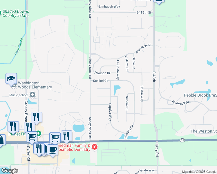 map of restaurants, bars, coffee shops, grocery stores, and more near 4228 Dunedin Court in Noblesville