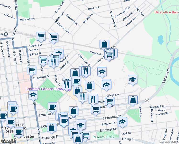 map of restaurants, bars, coffee shops, grocery stores, and more near 646 New Holland Avenue in Lancaster