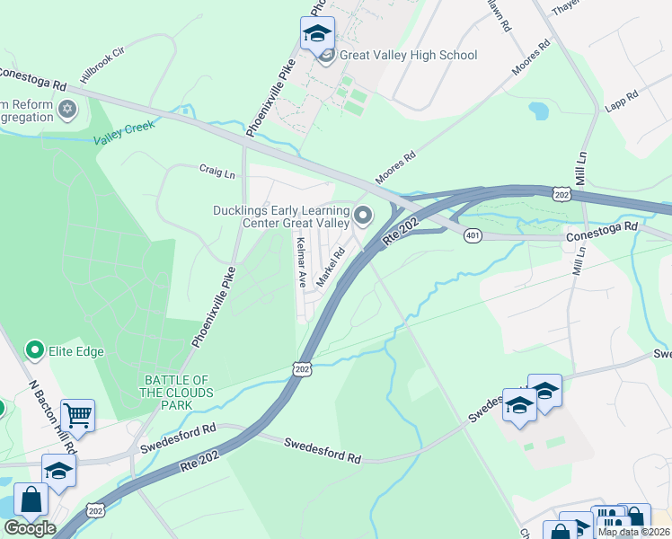 map of restaurants, bars, coffee shops, grocery stores, and more near 64 Markel Road in Malvern