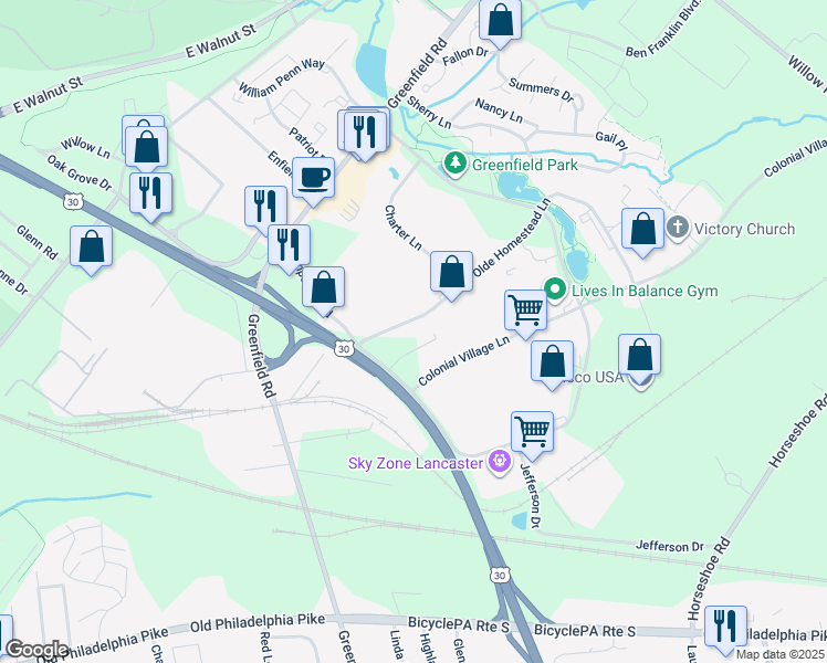 map of restaurants, bars, coffee shops, grocery stores, and more near 1931 Hospitality Drive in Lancaster
