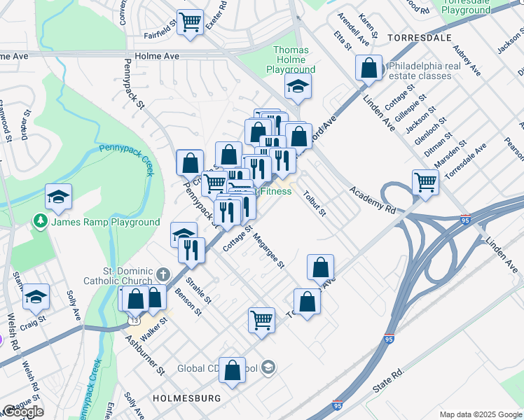 map of restaurants, bars, coffee shops, grocery stores, and more near 8802 Cottage Street in Philadelphia