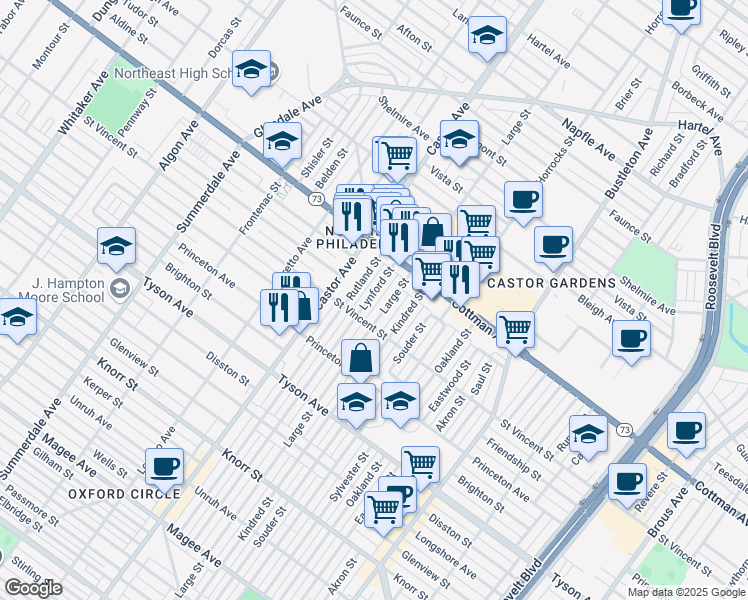 map of restaurants, bars, coffee shops, grocery stores, and more near 7229 Lynford Street in Philadelphia