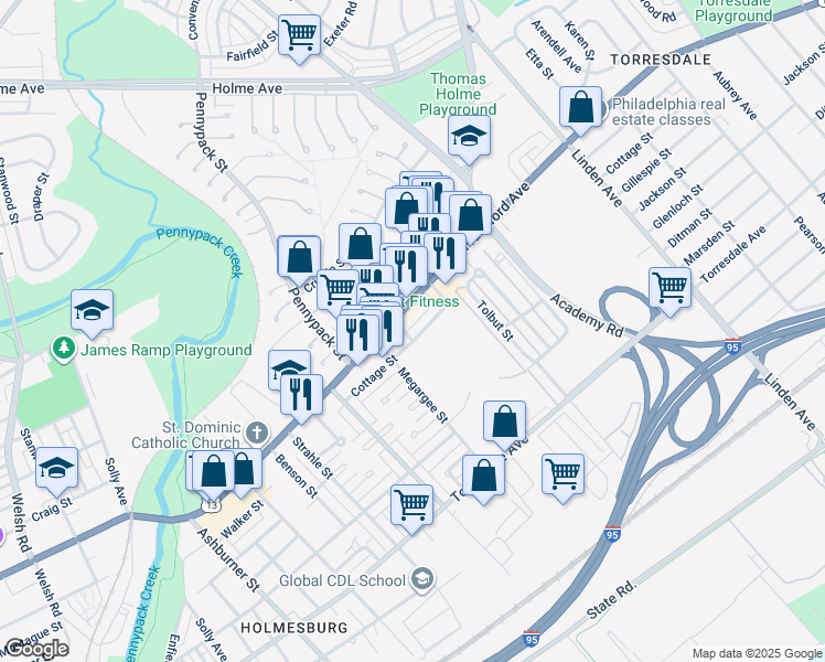 map of restaurants, bars, coffee shops, grocery stores, and more near 8802 Cottage Street in Philadelphia