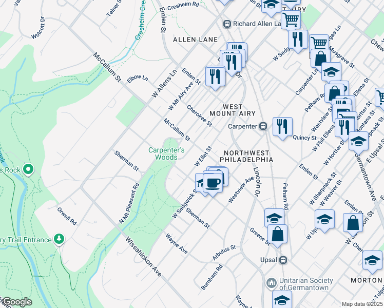 map of restaurants, bars, coffee shops, grocery stores, and more near 616 Glen Echo Road in Philadelphia