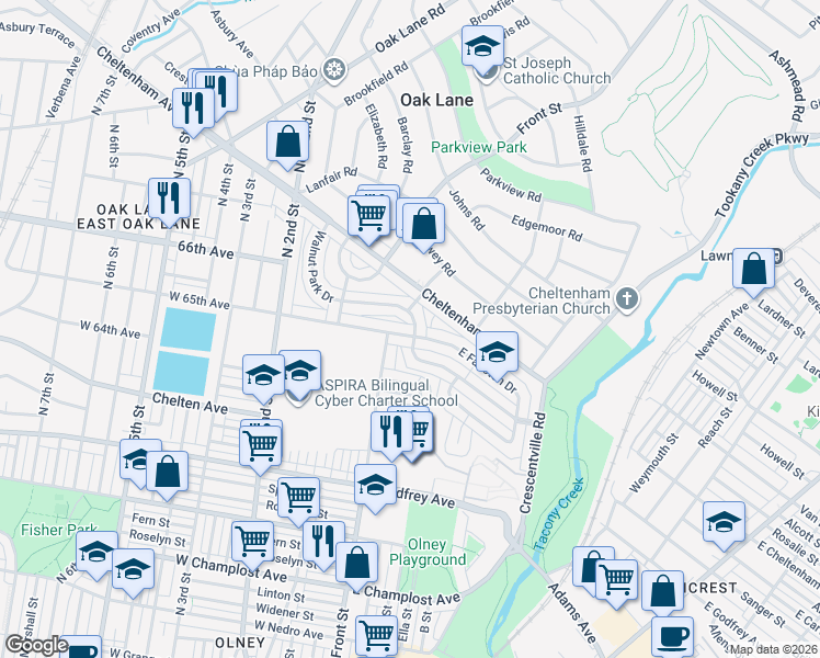 map of restaurants, bars, coffee shops, grocery stores, and more near 157 East Walnut Park Drive in Philadelphia
