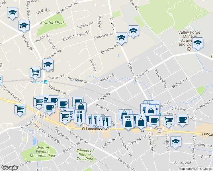 map of restaurants, bars, coffee shops, grocery stores, and more near 511 West Beechtree Lane in Wayne
