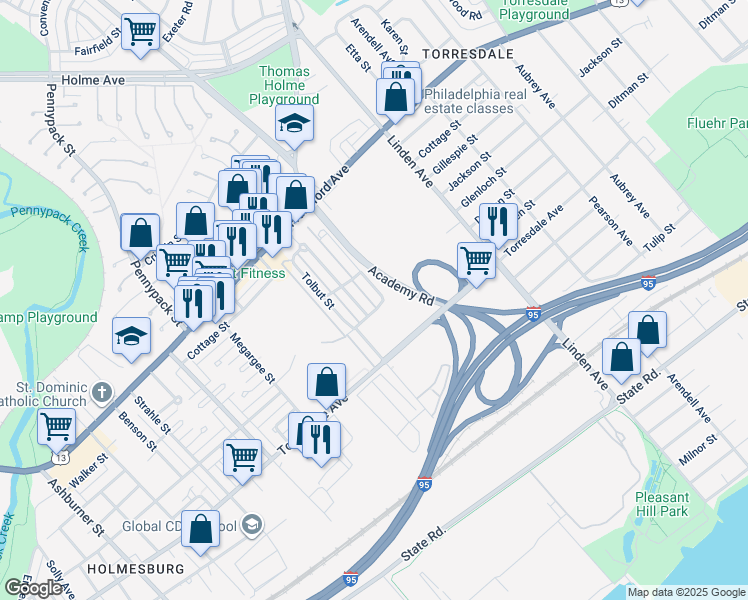 map of restaurants, bars, coffee shops, grocery stores, and more near 4538 Carwithan Street in Philadelphia