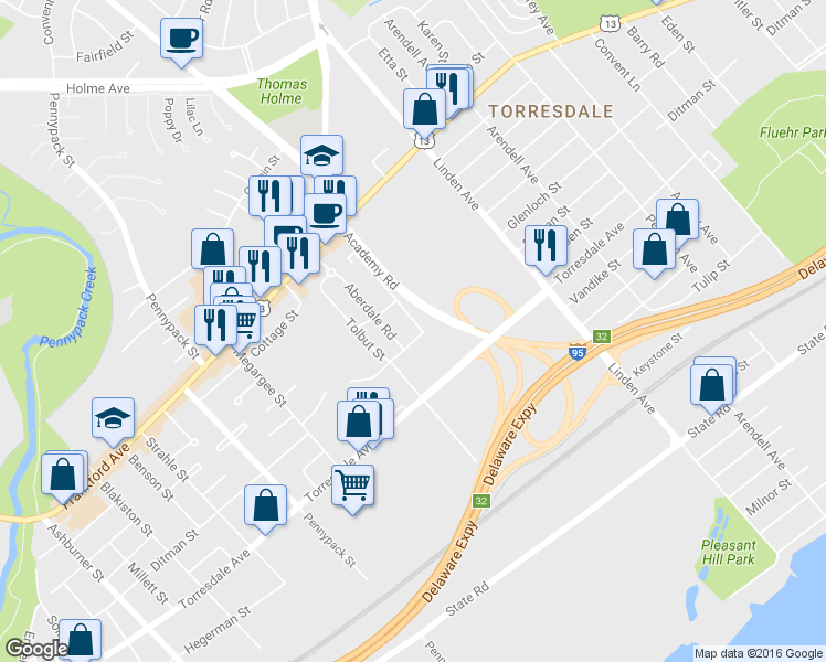map of restaurants, bars, coffee shops, grocery stores, and more near 4540 Carwithan Street in Philadelphia