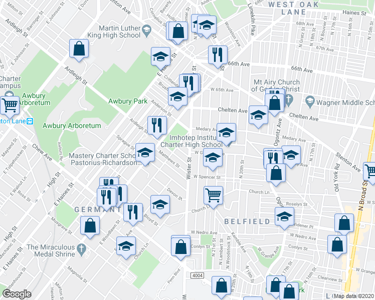 map of restaurants, bars, coffee shops, grocery stores, and more near 5502 Godfrey Avenue in Philadelphia