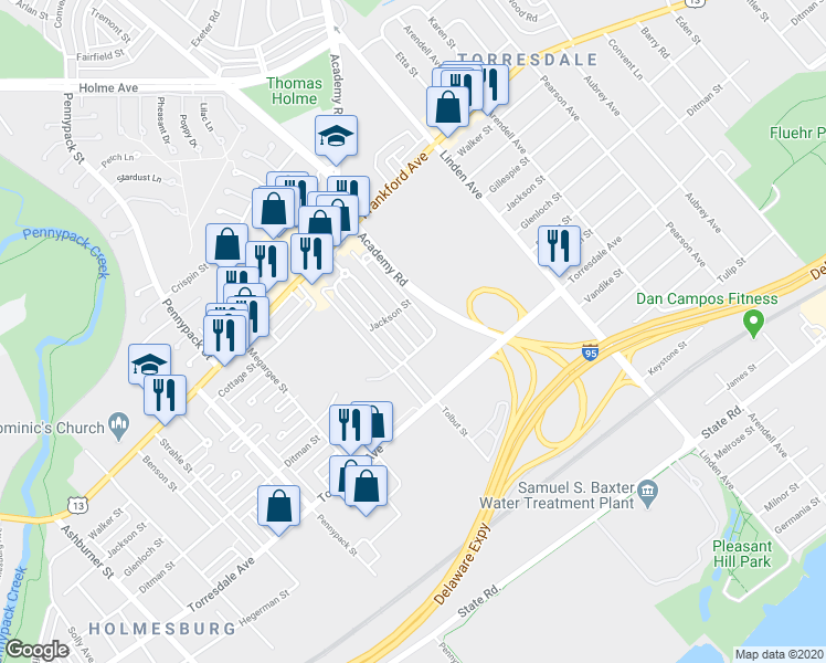 map of restaurants, bars, coffee shops, grocery stores, and more near 4529 Aberdale Road in Philadelphia