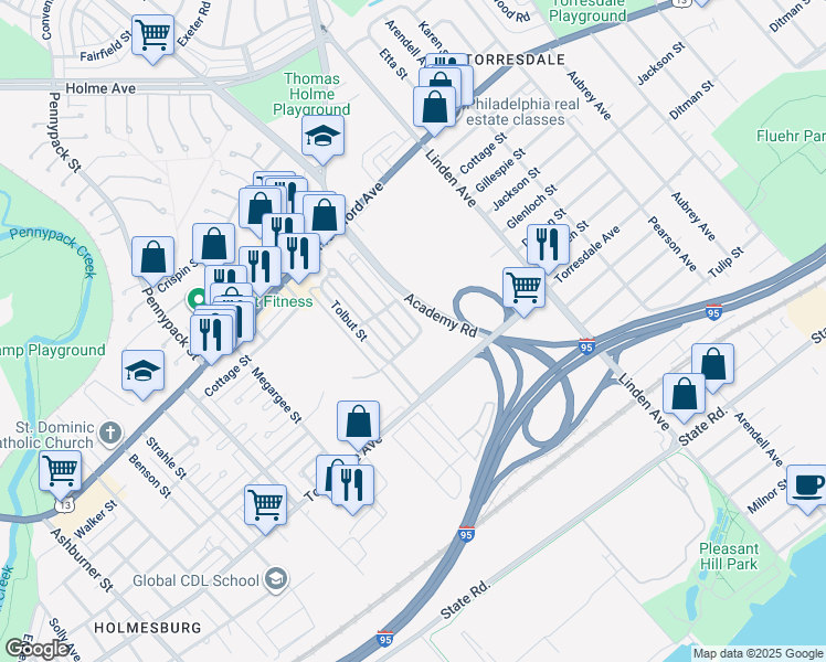 map of restaurants, bars, coffee shops, grocery stores, and more near 4540 Carwithan Street in Philadelphia