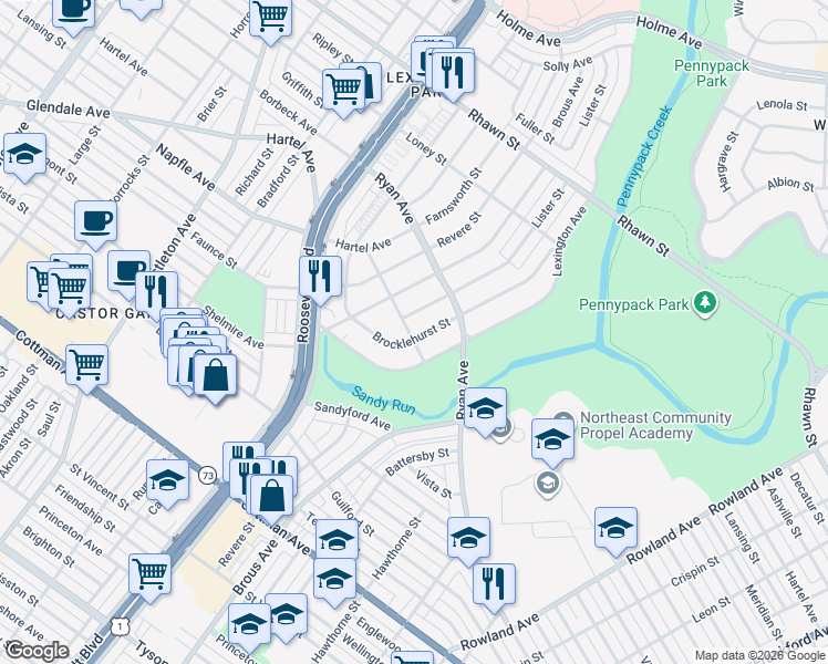 map of restaurants, bars, coffee shops, grocery stores, and more near 7700 Lexington Avenue in Philadelphia