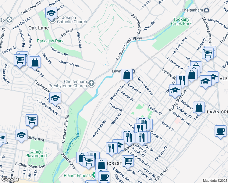 map of restaurants, bars, coffee shops, grocery stores, and more near 6026 Newtown Avenue in Philadelphia