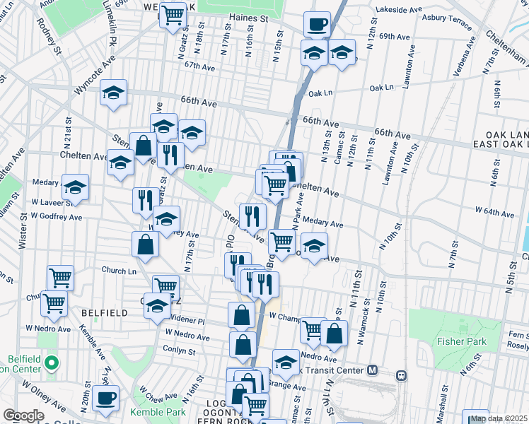 map of restaurants, bars, coffee shops, grocery stores, and more near 6247 North 15th Street in Philadelphia