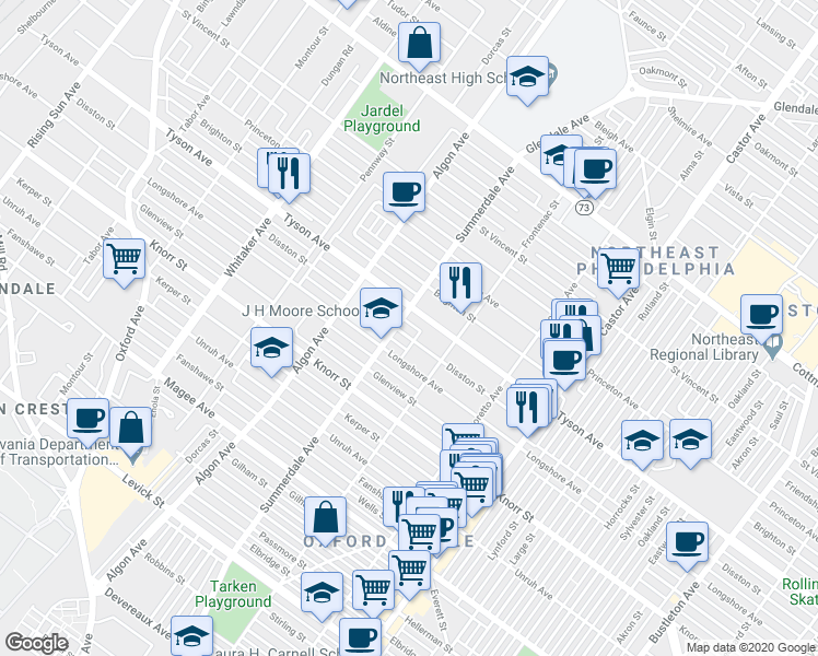 map of restaurants, bars, coffee shops, grocery stores, and more near 1207 Disston Street in Philadelphia